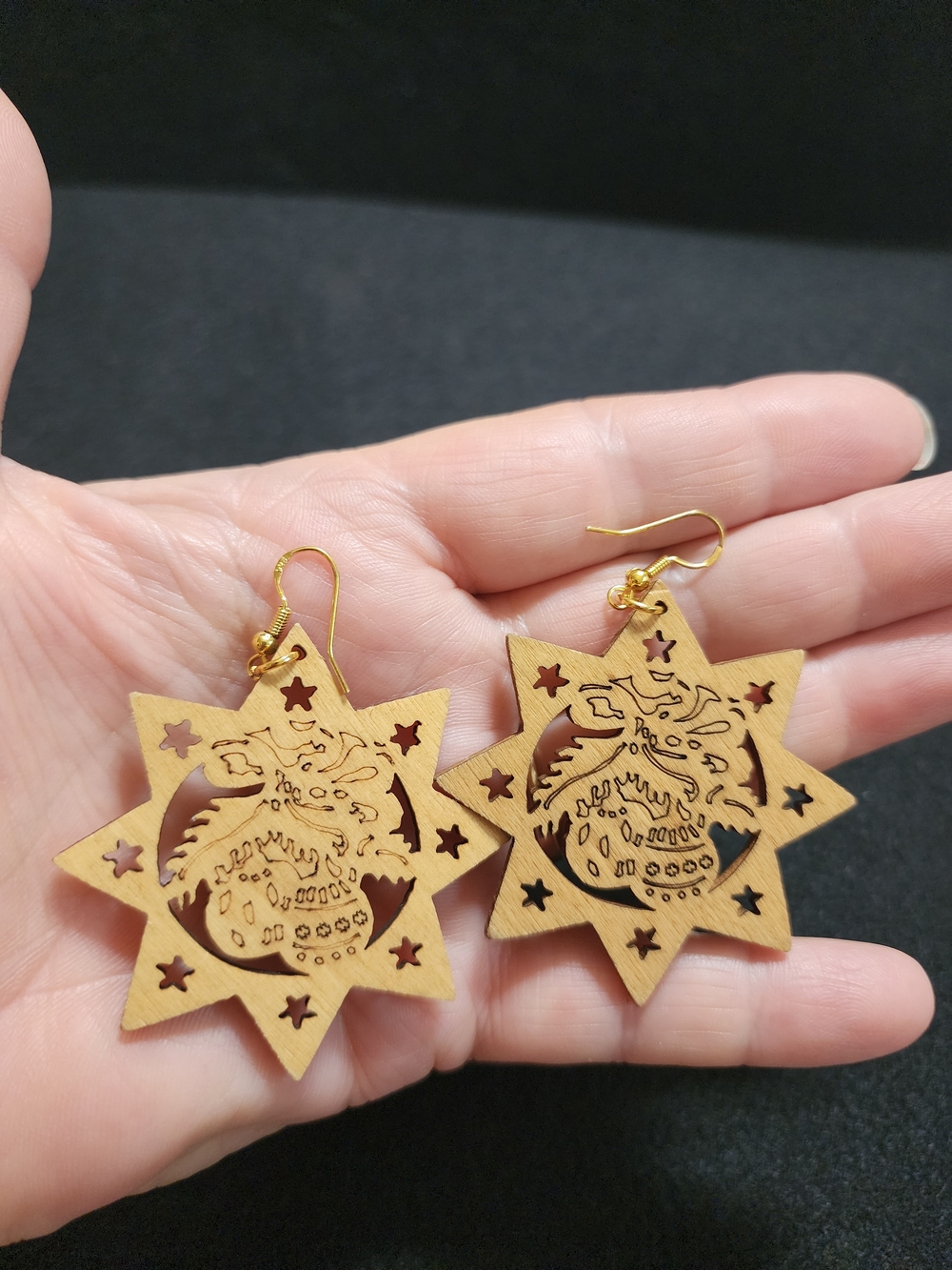 Wooden Star Cutout Dragon Drop Earrings in Light Brown